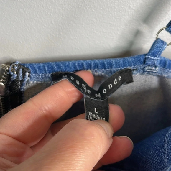 HAUTE MONDE Blue Denim Mini Dress Boustier Corset Stretch Adjustable Straps L - Picture 8 of 12